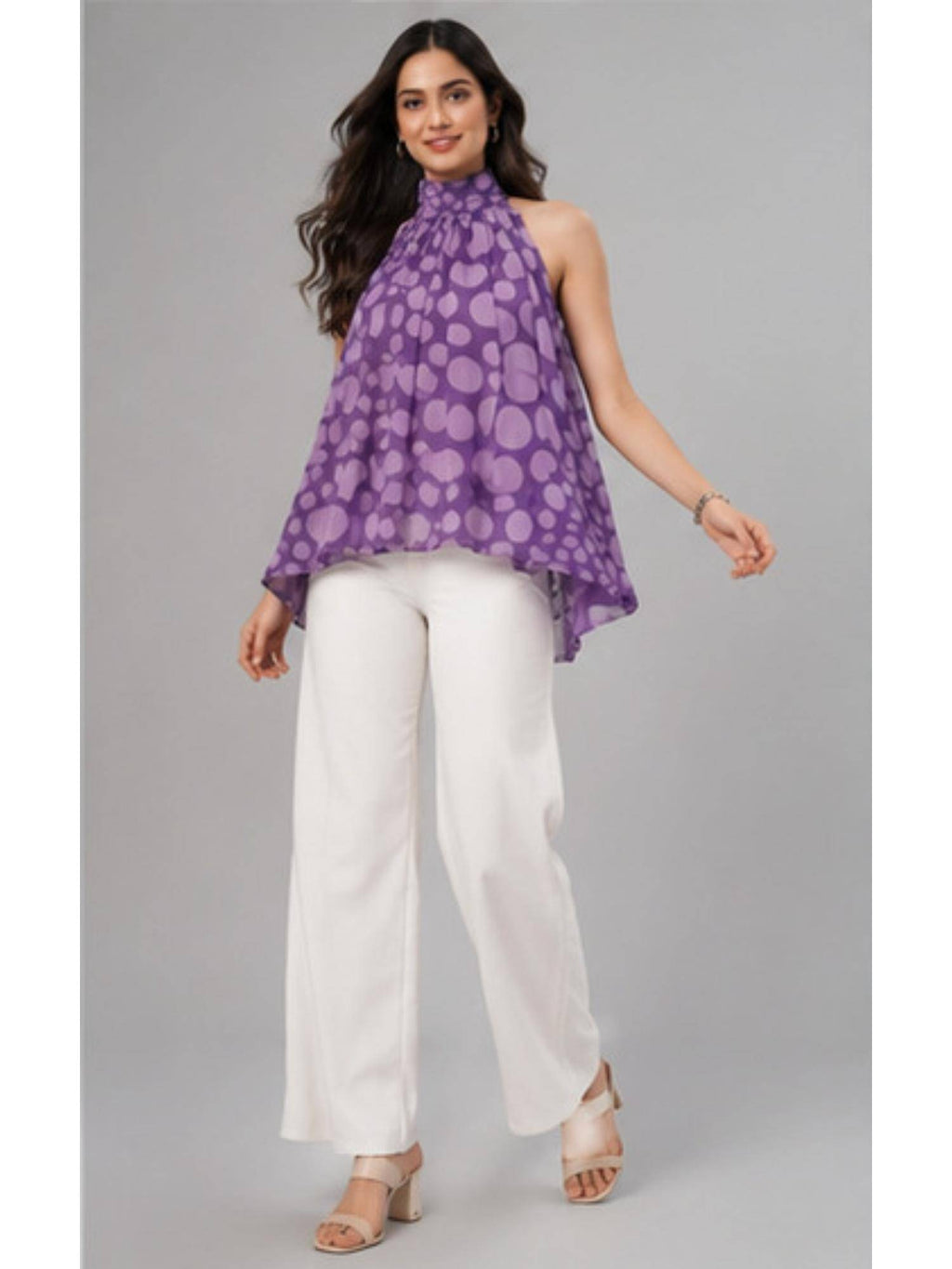 Women Purple Printed High-Neck Flared Top | HT67 - view 8