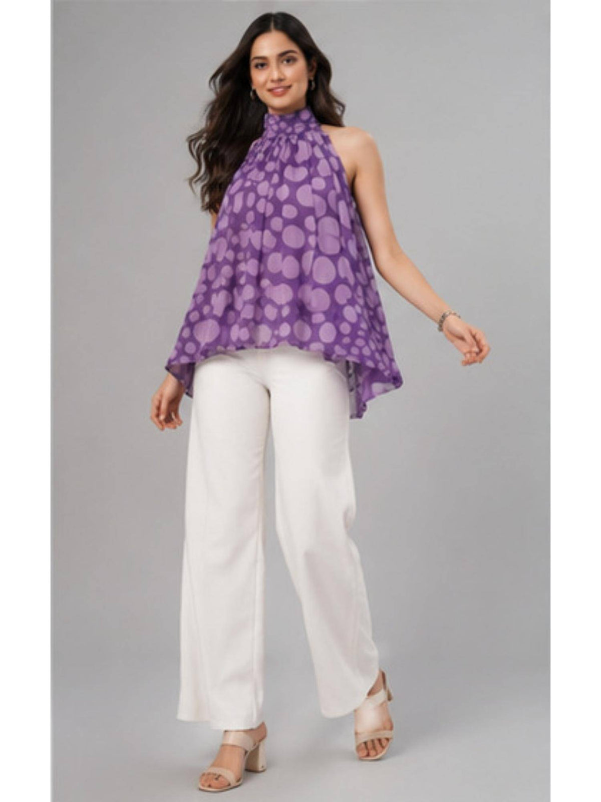 Women Purple Printed High-Neck Flared Top | HT67 - view 8