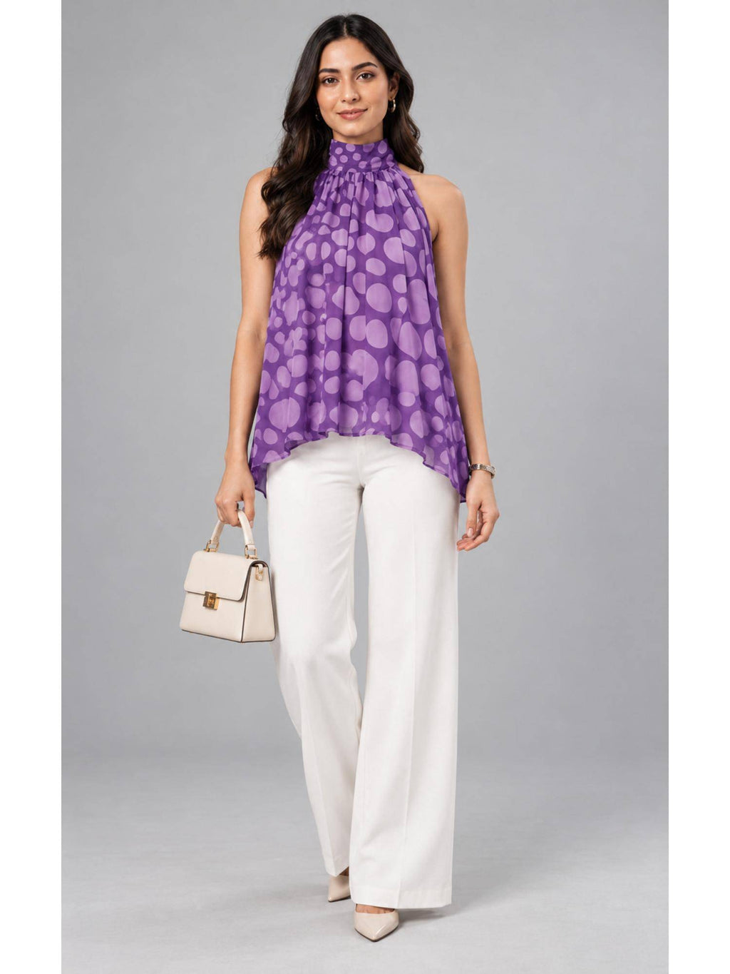 Women Purple Printed High-Neck Flared Top | HT67 - view 10