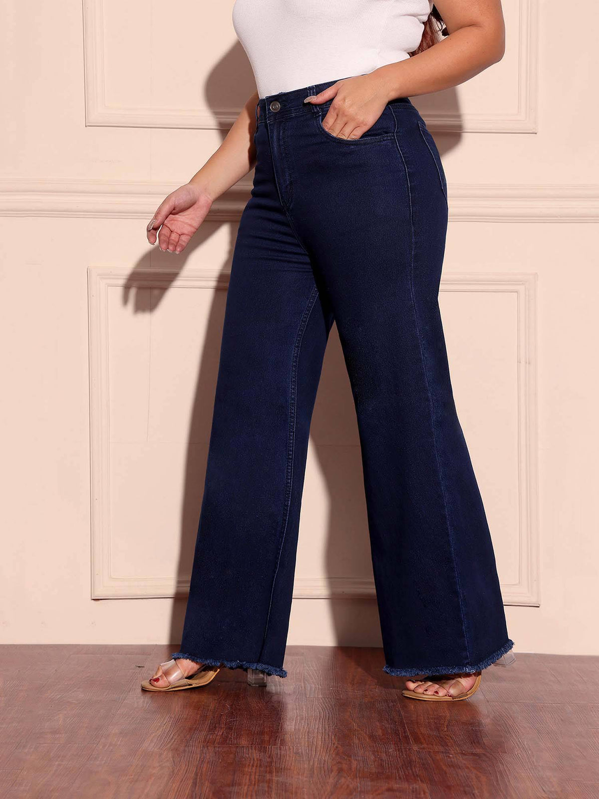A+ Curve Collection Plus Size Womens Navy Blue Wide-Leg Denim Jeans | WL90 - view 2