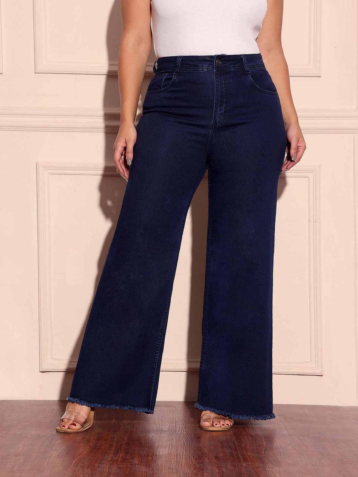 A+ Curve Collection Plus Size Womens Navy Blue Wide-Leg Denim Jeans | WL90 - view 7