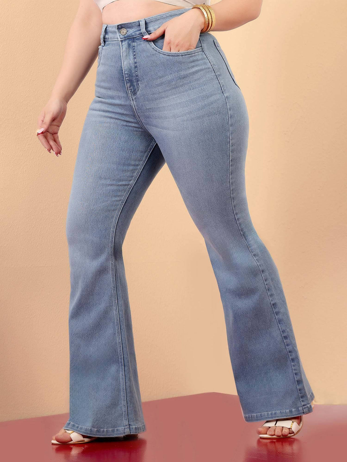 A+ Curve Collection Plus Size Womens Light Blue Denim Bootcut Jeans | BT10 - view 3