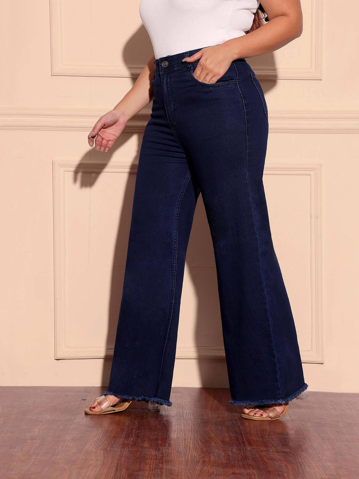 A+ Curve Collection Plus Size Women's Navy Blue Wide-Leg Denim Jeans | WL90 - view 2