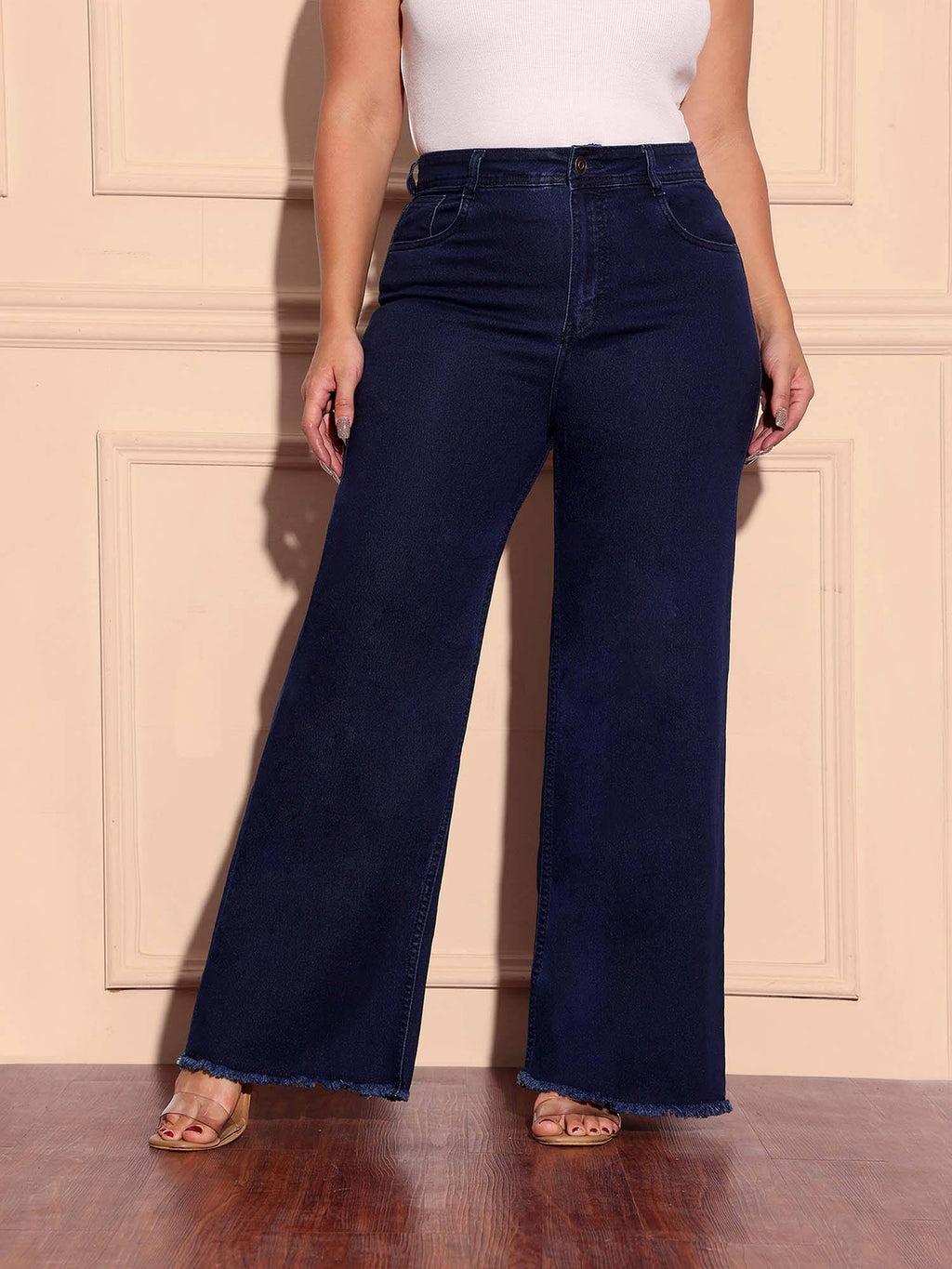 A+ Curve Collection Plus Size Women's Navy Blue Wide-Leg Denim Jeans | WL90 - view 7