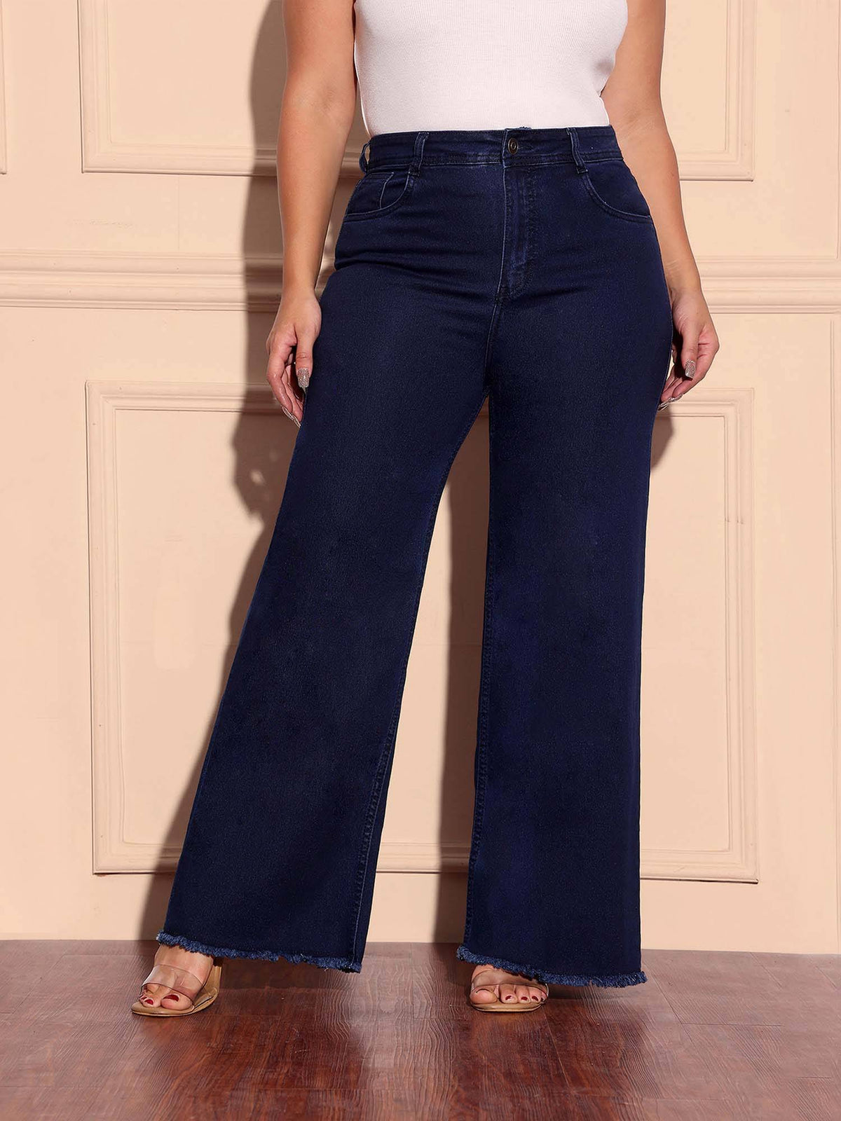 A+ Curve Collection Plus Size Women's Navy Blue Wide-Leg Denim Jeans | WL90 - view 7