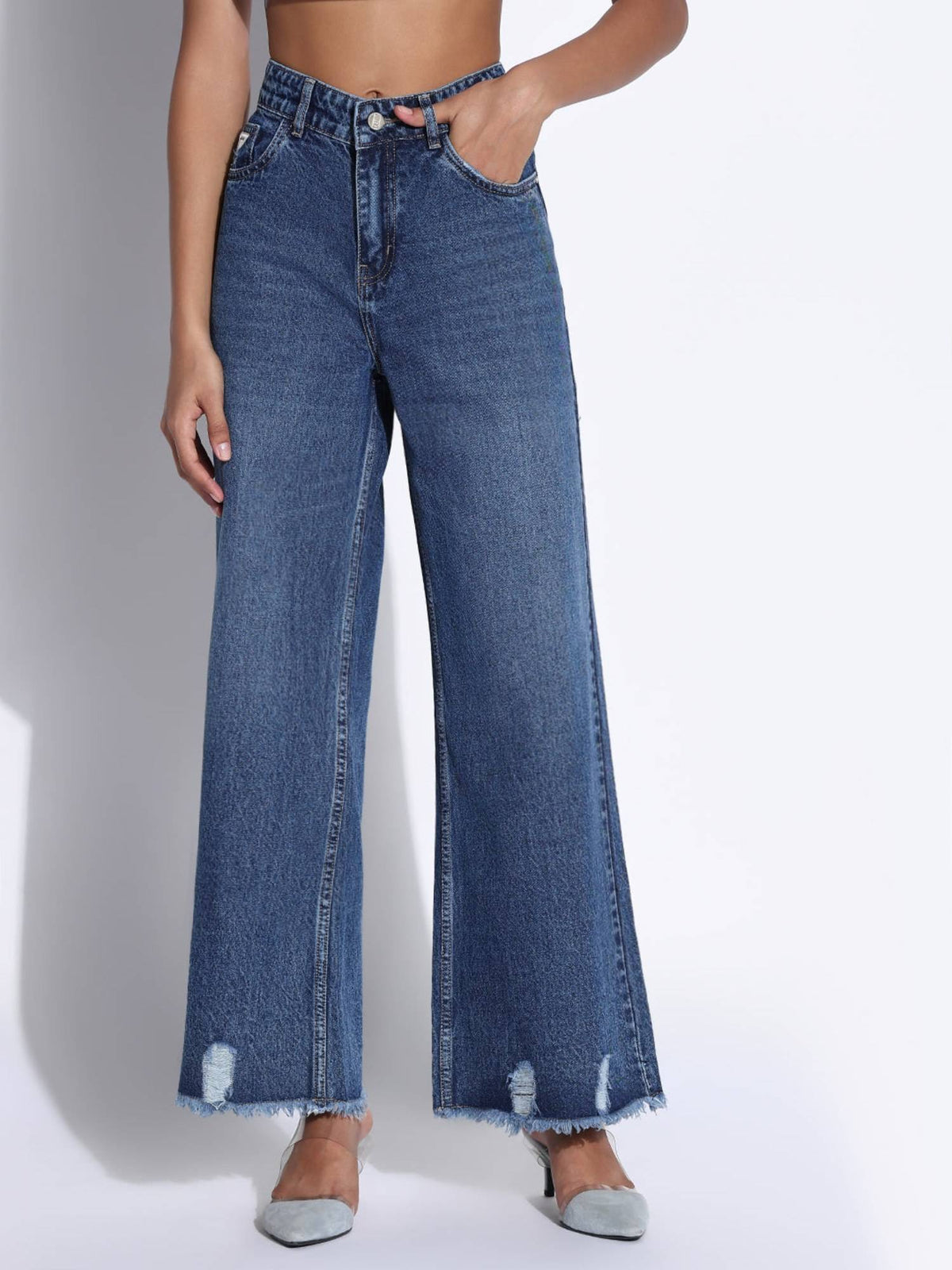 Edition Women Solid Navy Blue Ripped Wide Leg Jeans | WL90 - view 1