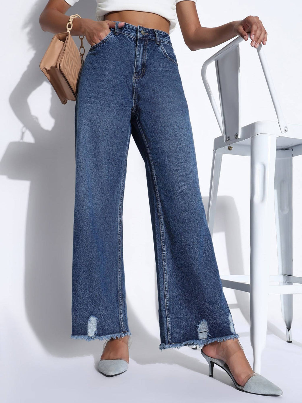 Edition Women Solid Navy Blue Ripped Wide Leg Jeans | WL90 - view 2