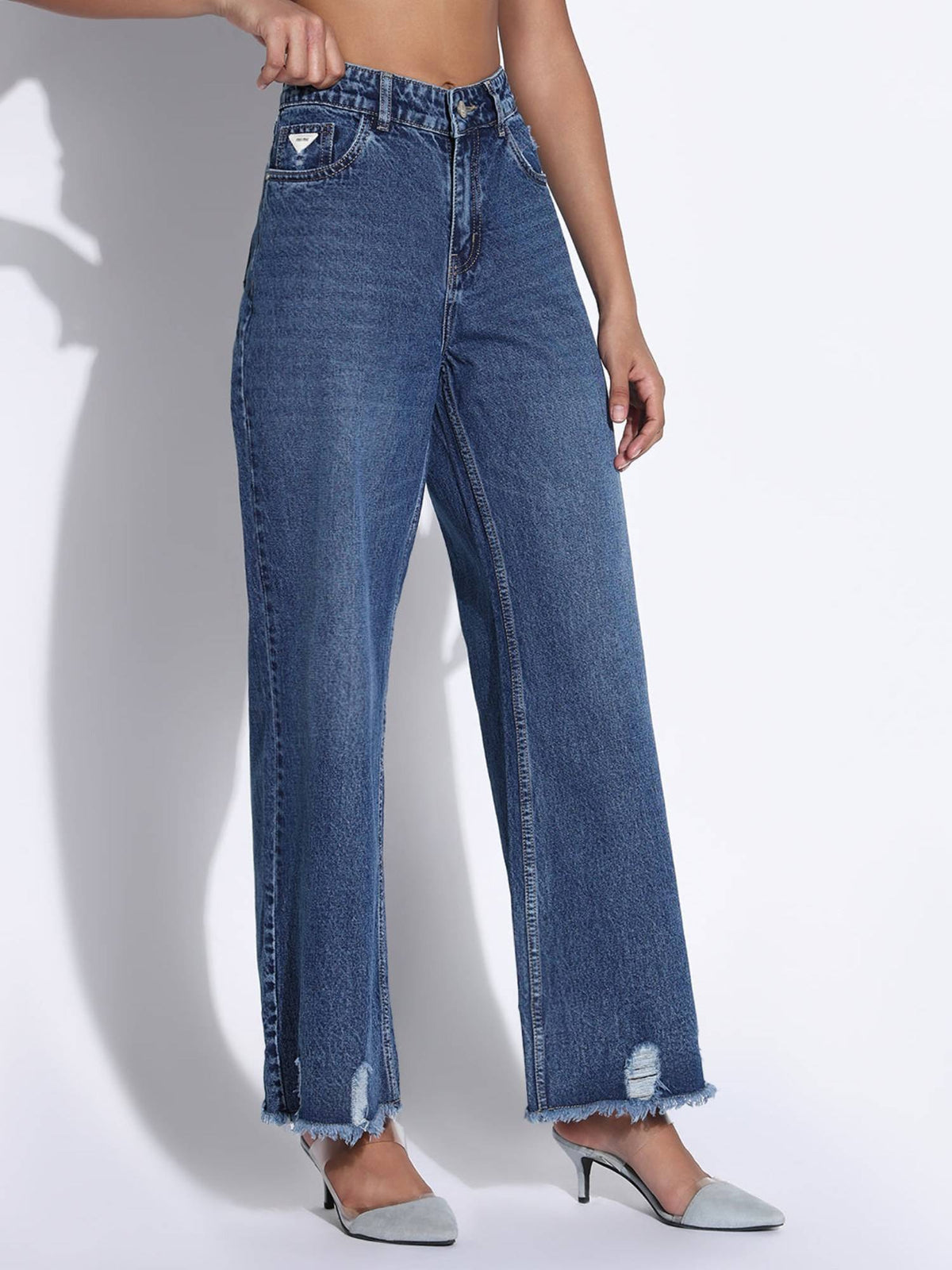 Edition Women Solid Navy Blue Ripped Wide Leg Jeans | WL90 - view 3