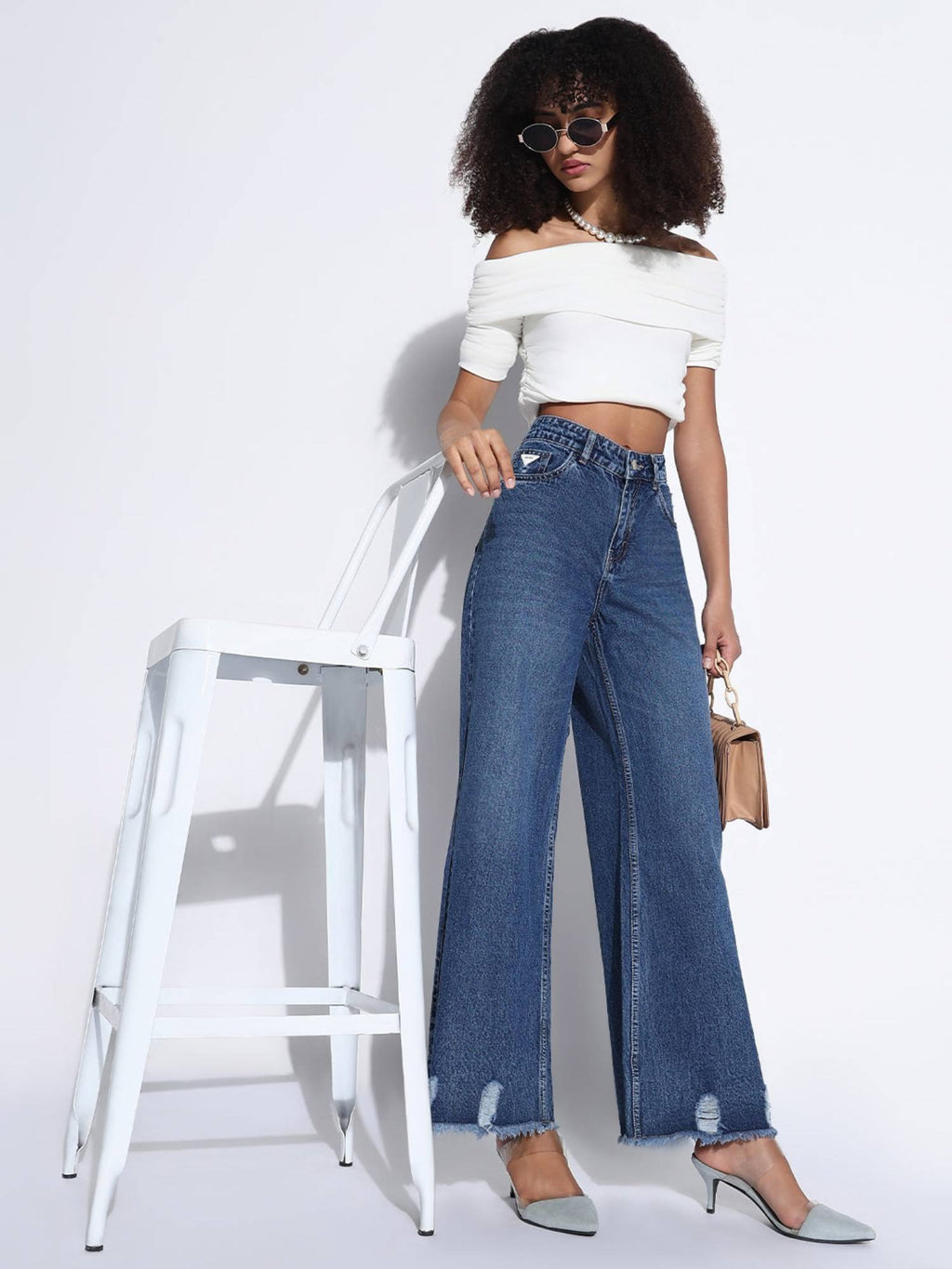 Edition Women Solid Navy Blue Ripped Wide Leg Jeans | WL90 - view 5