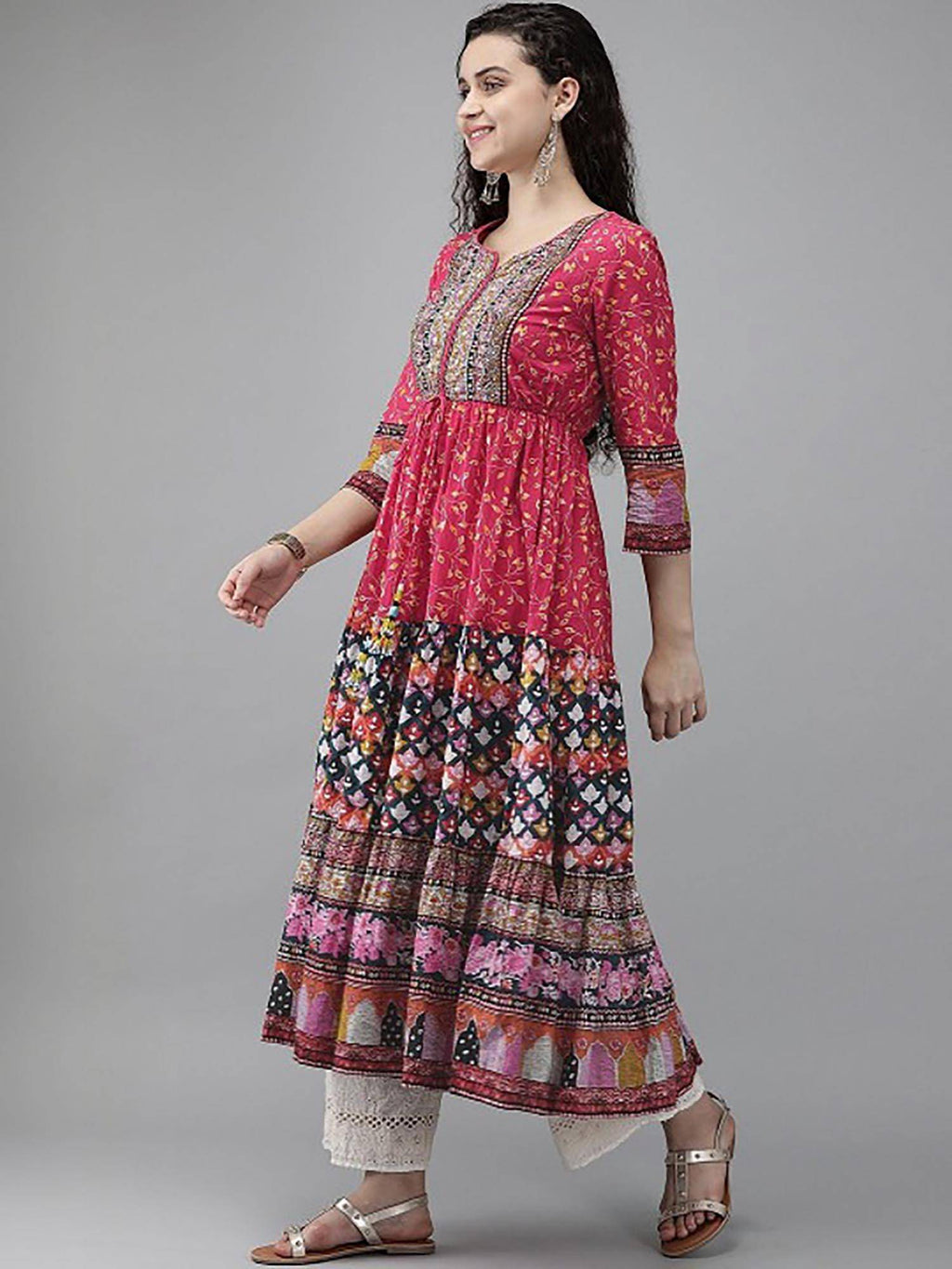 Pink Printed Round Neck Anarkali Kurta | KDG - view 3