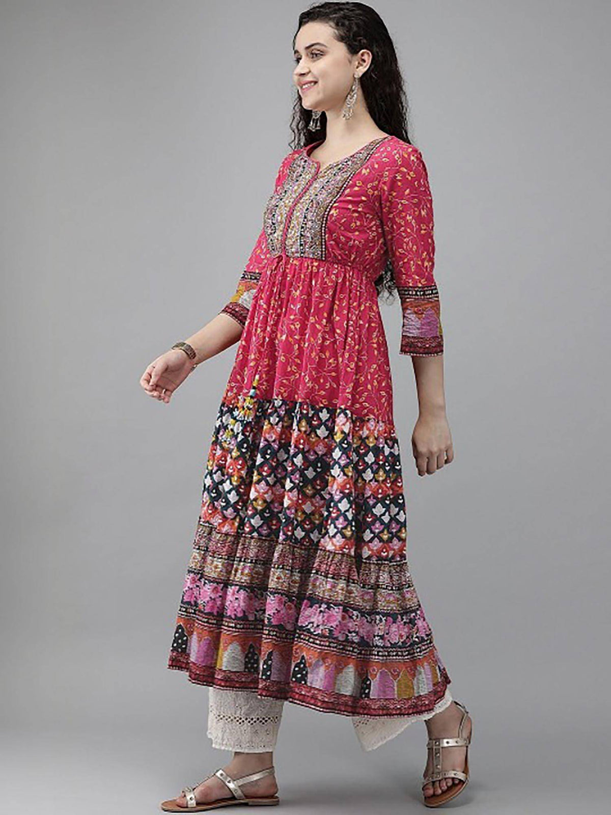 Pink Printed Round Neck Anarkali Kurta | FY93 - view 3