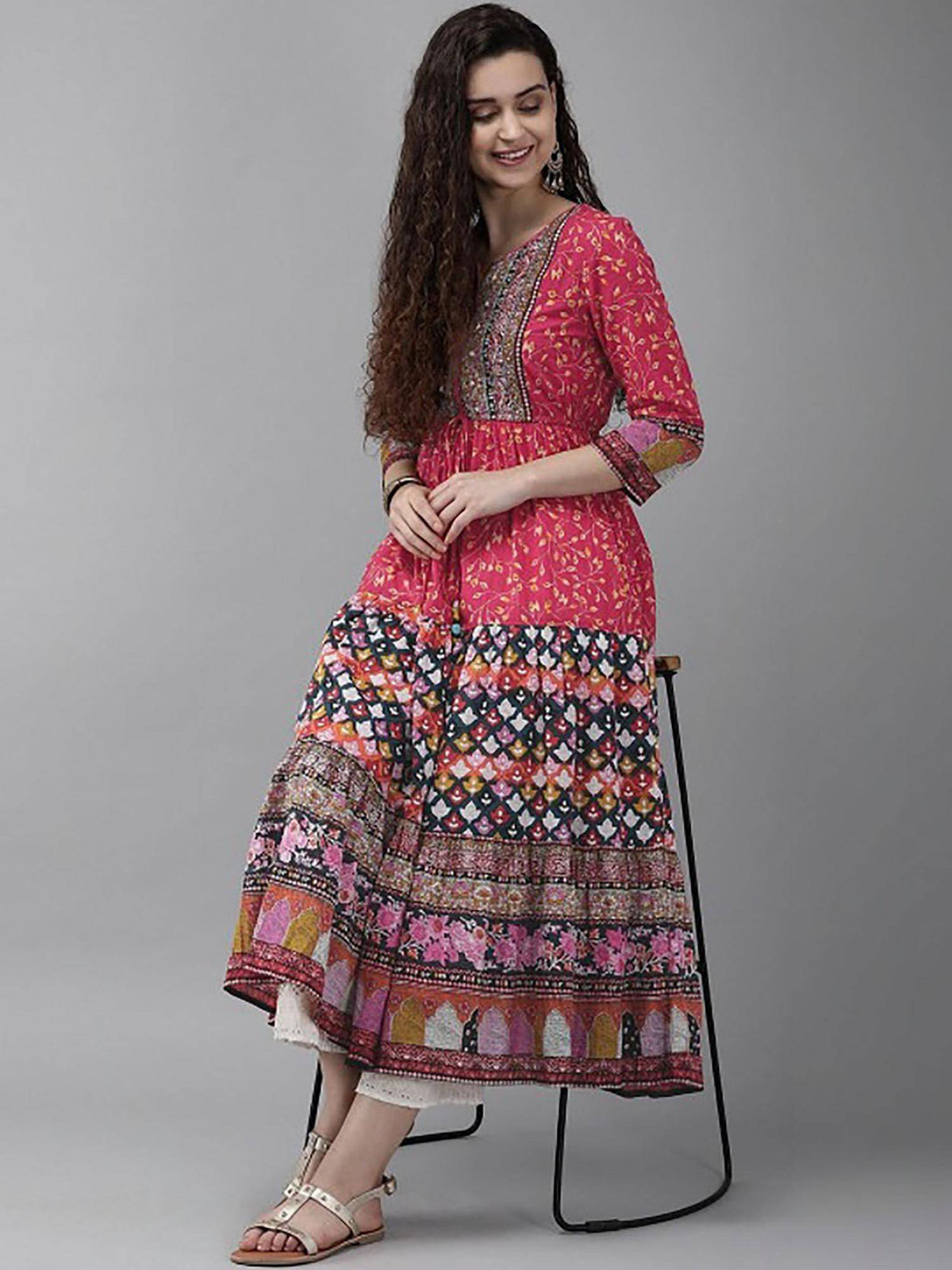 Pink Printed Round Neck Anarkali Kurta | FY93 - view 5