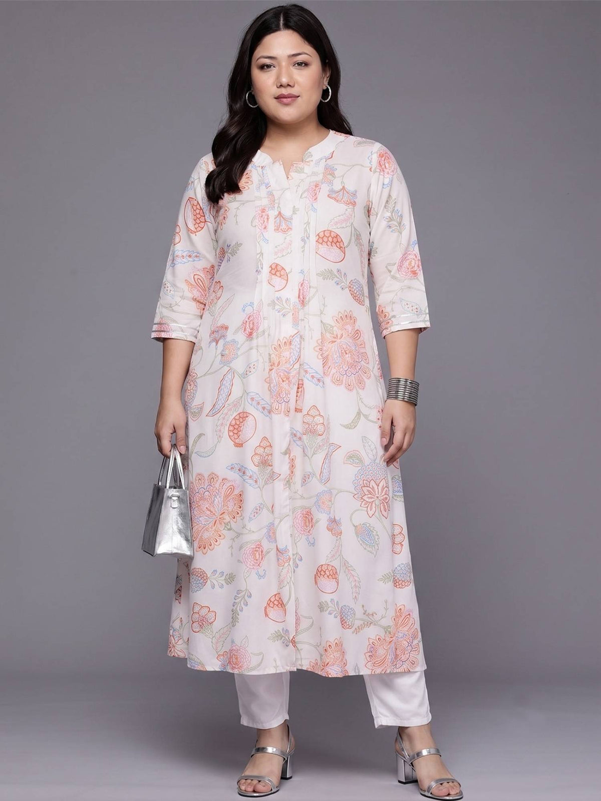 White Floral Mandarin Neck Kurta | FY93 - view 1