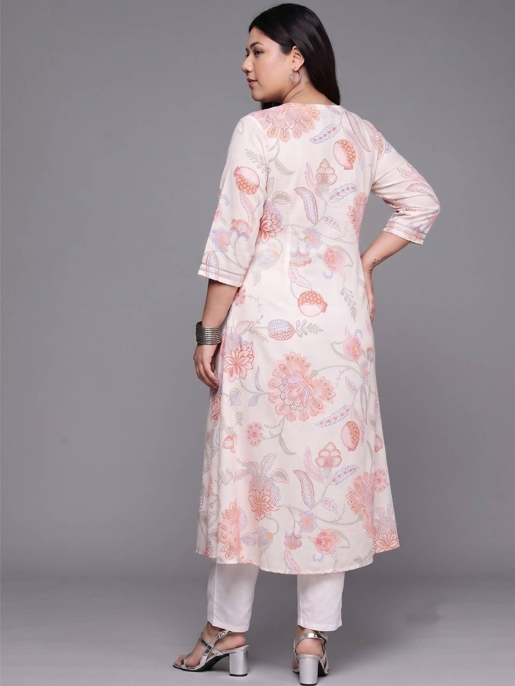 White Floral Mandarin Neck Kurta | FY93 - view 2