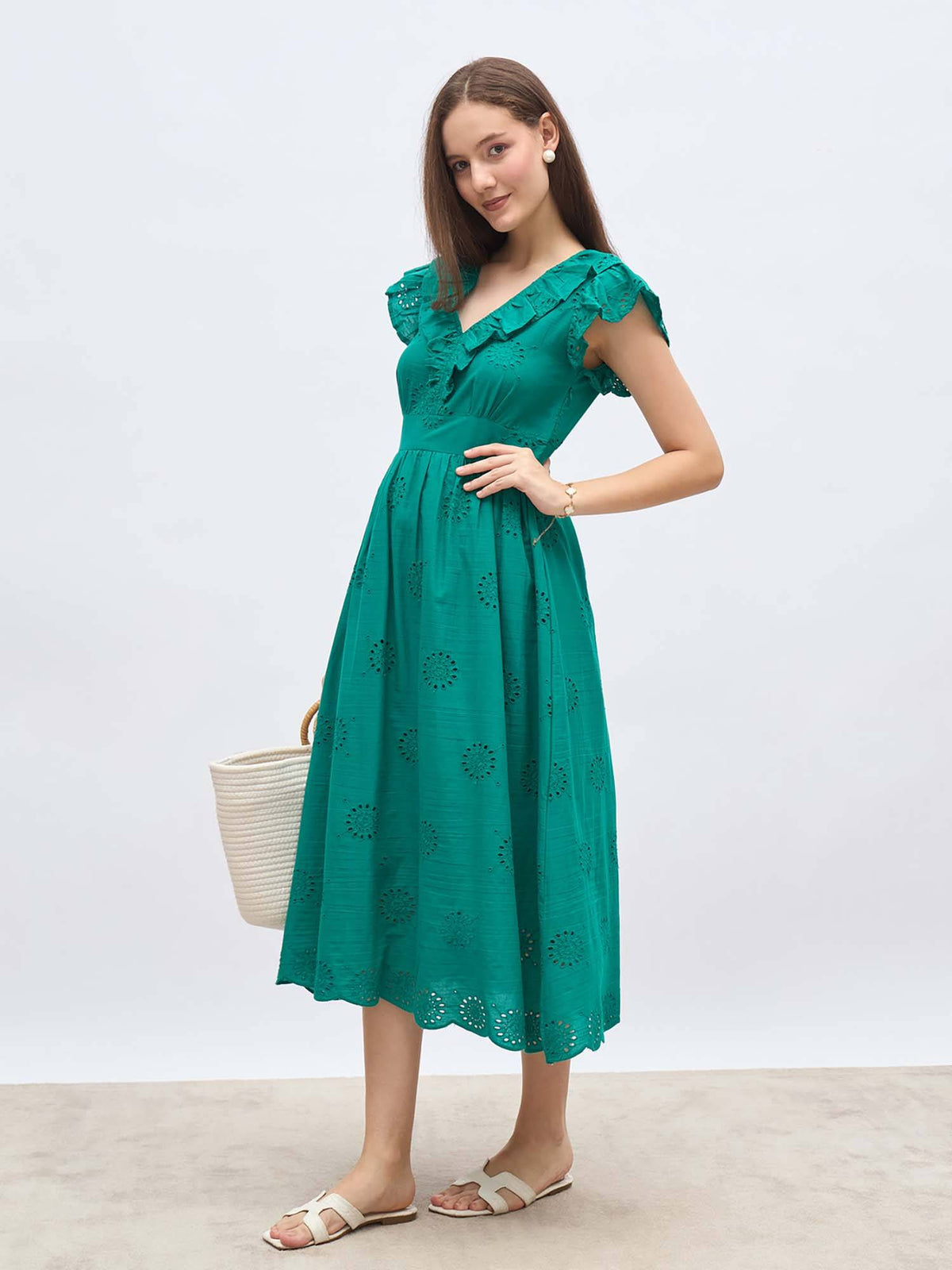 Teal Self Design Flared Dress | D56 - view 1