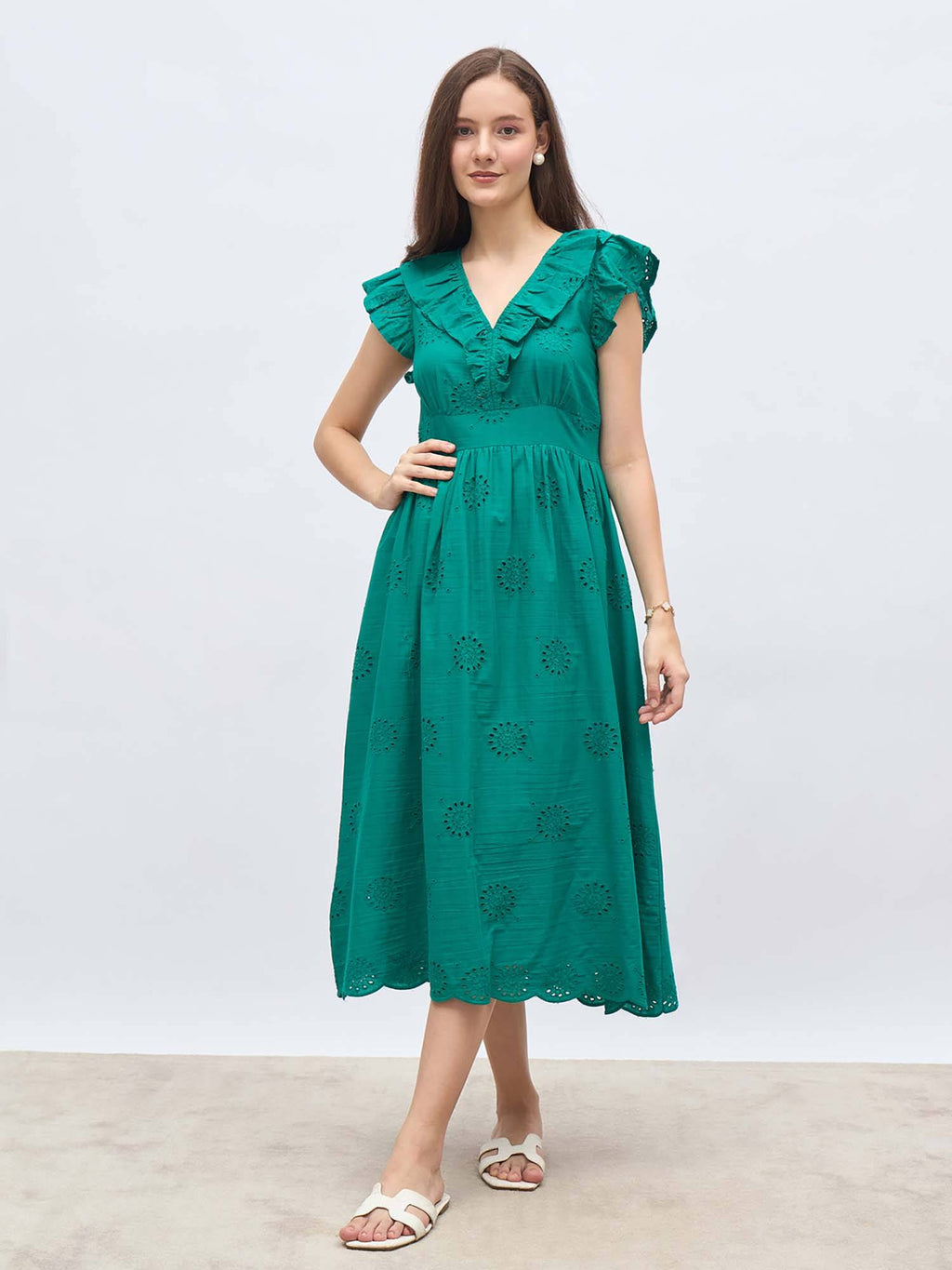 Teal Self Design Flared Dress | D56 - view 2