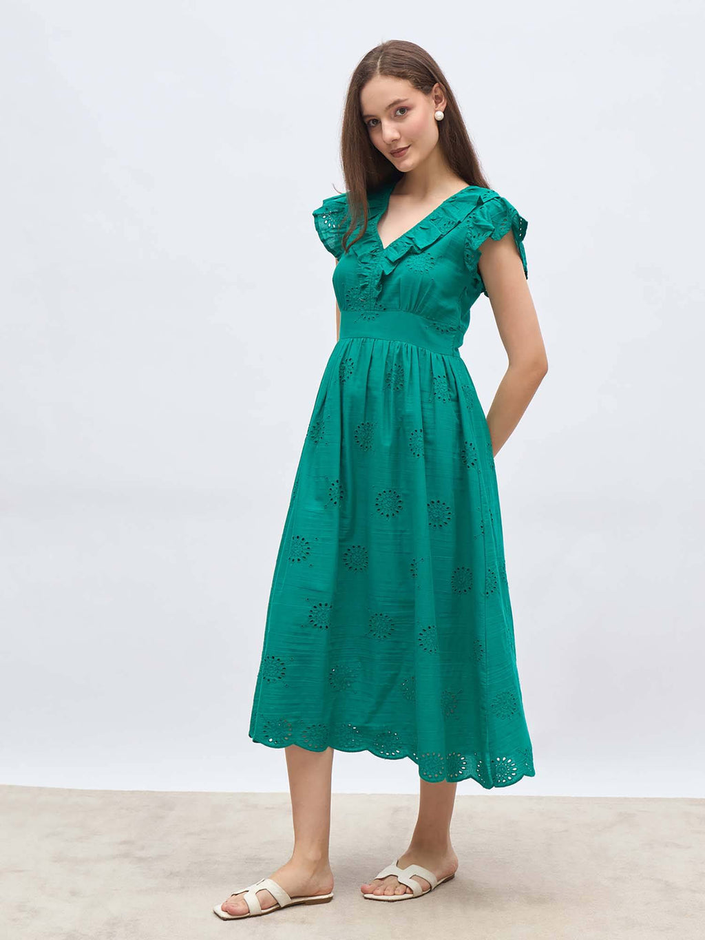 Teal Self Design Flared Dress | D56 - view 3