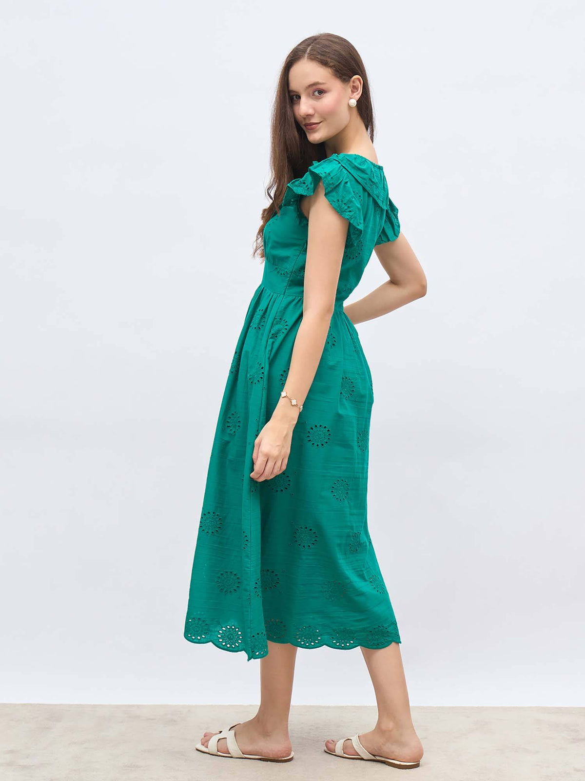Teal Self Design Flared Dress | D56 - view 5