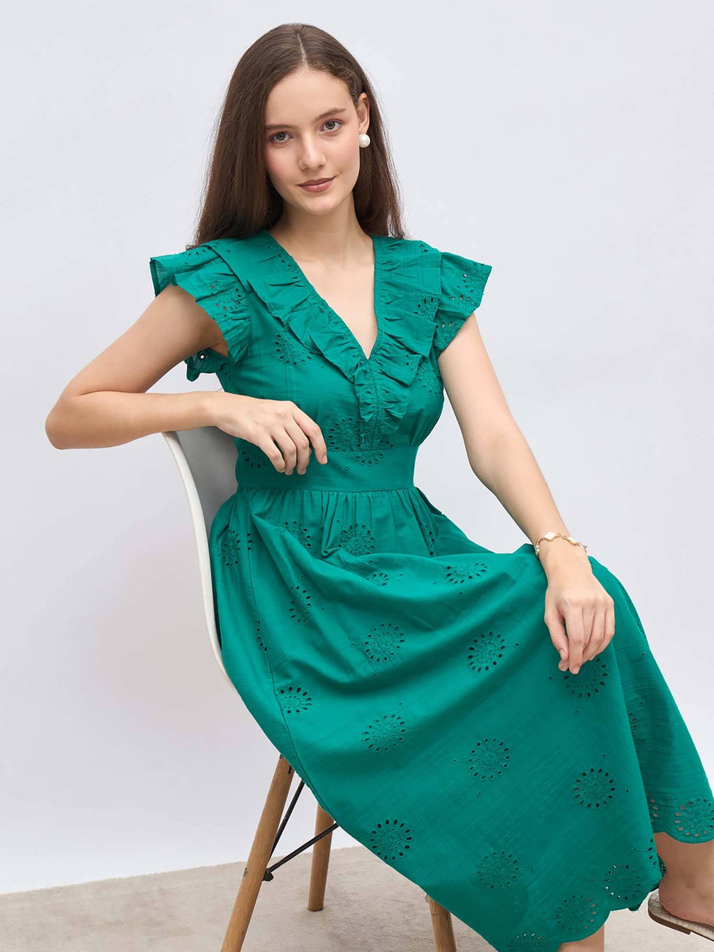 Teal Self Design Flared Dress | D56 - view 6