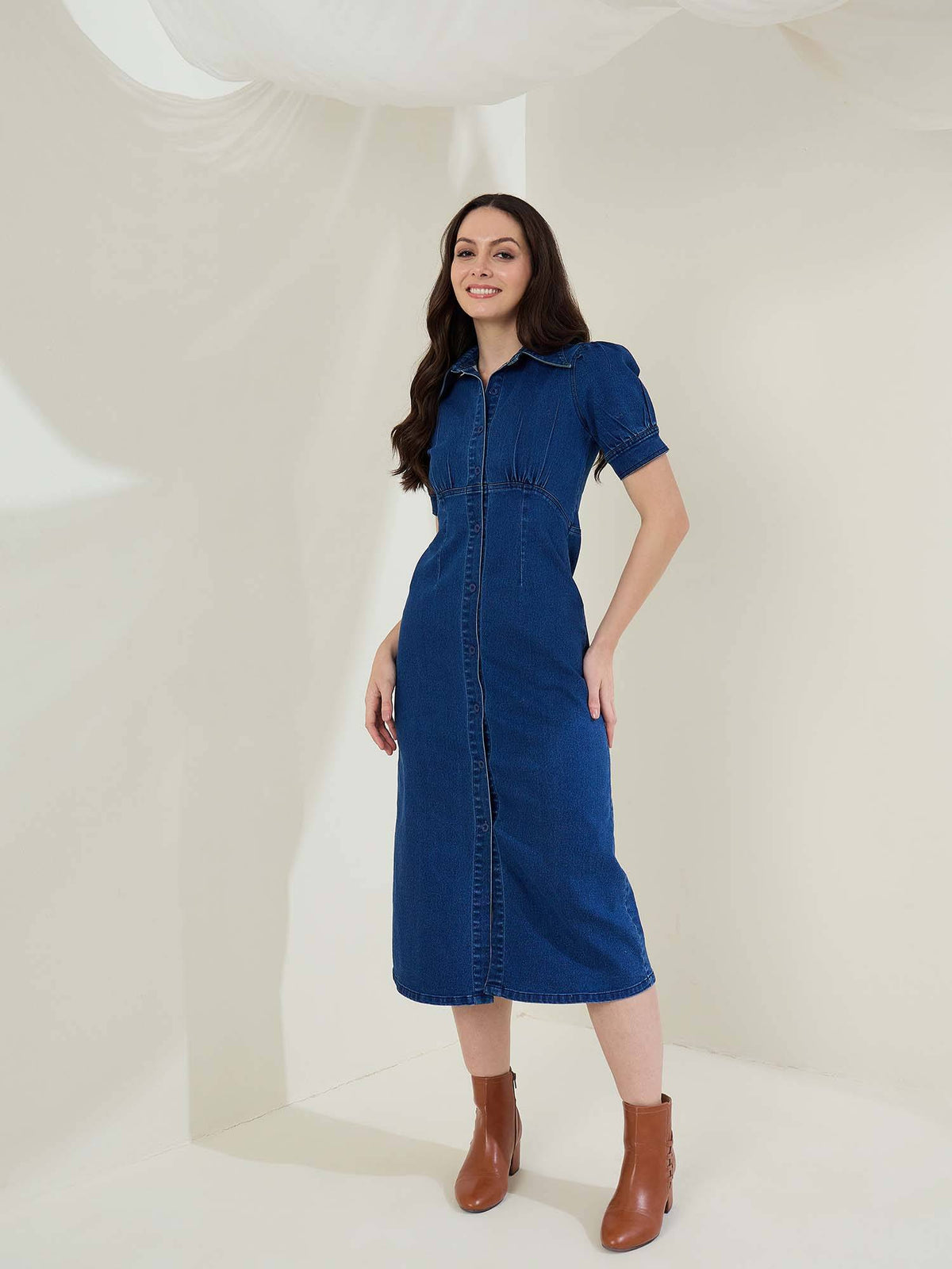 Women Denim Solid Puff Sleeves Midi Dress- Blue | D56 - view 1