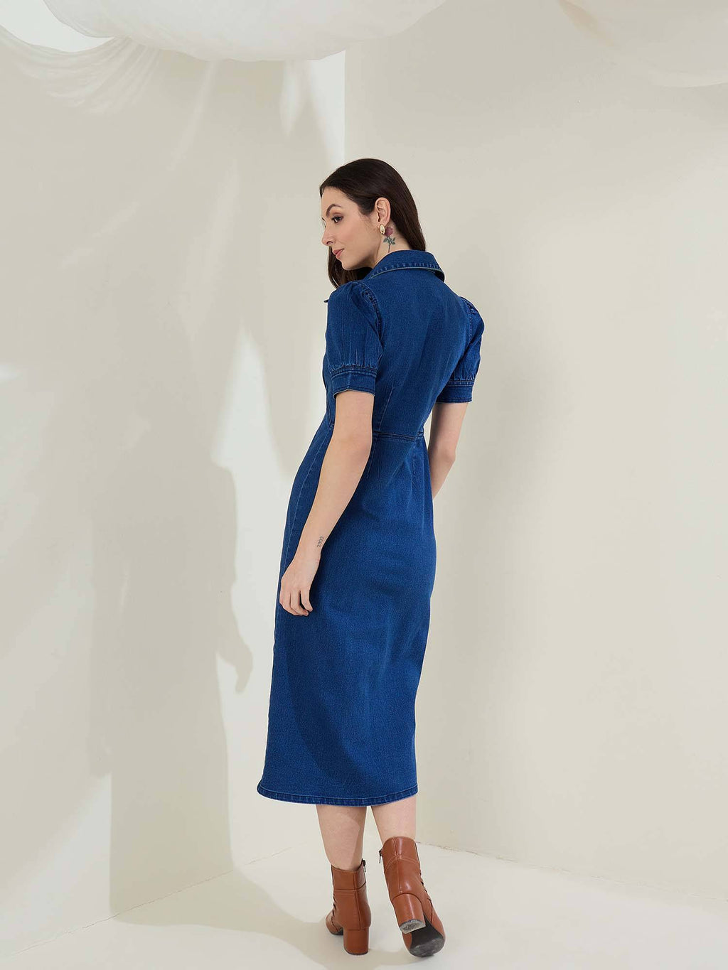 Women Denim Solid Puff Sleeves Midi Dress- Blue | D56 - view 2
