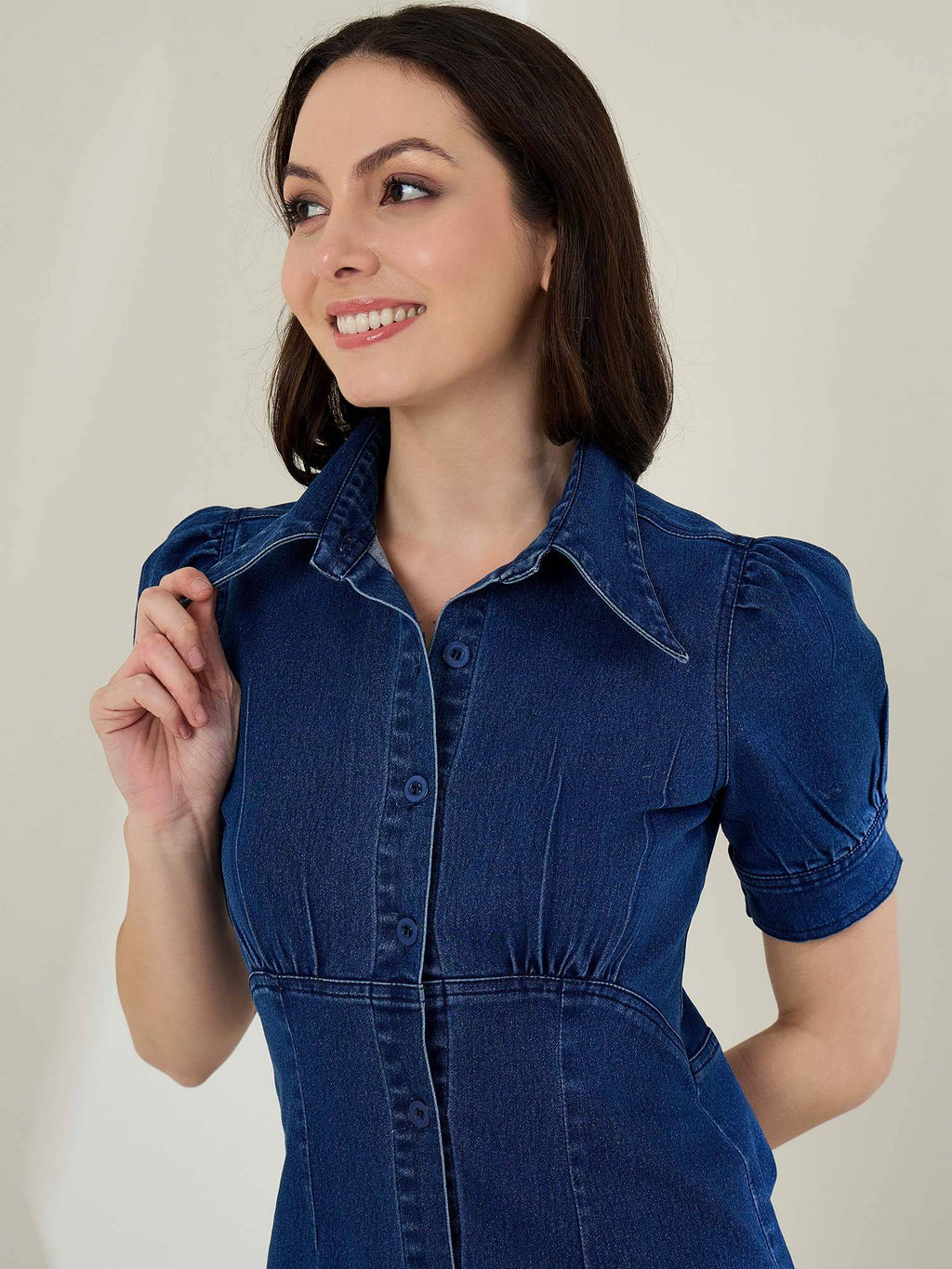 Women Denim Solid Puff Sleeves Midi Dress- Blue | D56 - view 5