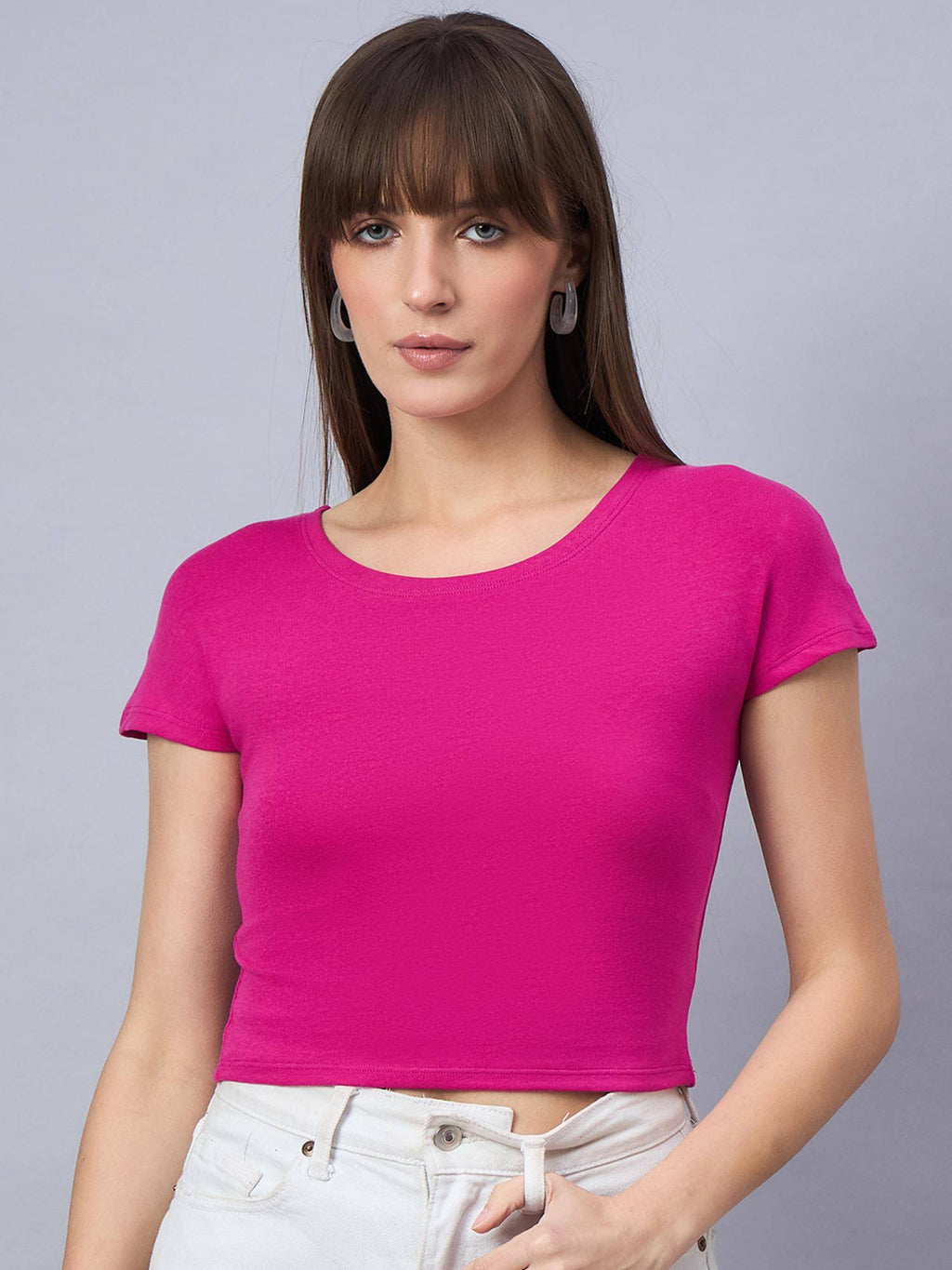 Women Solid Round Neck Cotton Crop Top - Pink | CT61 - view 1