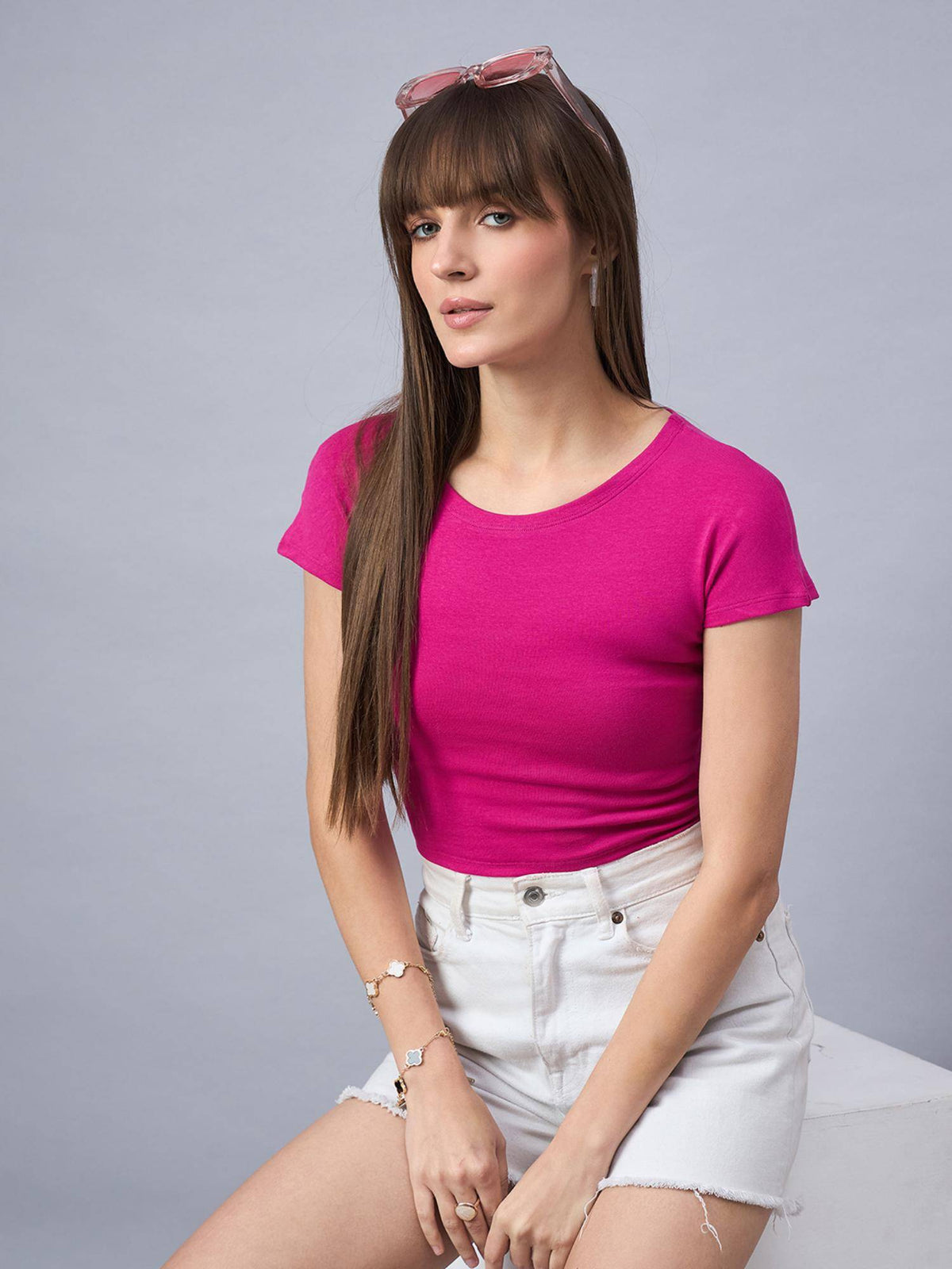 Women Solid Round Neck Cotton Crop Top - Pink | CT61 - view 6