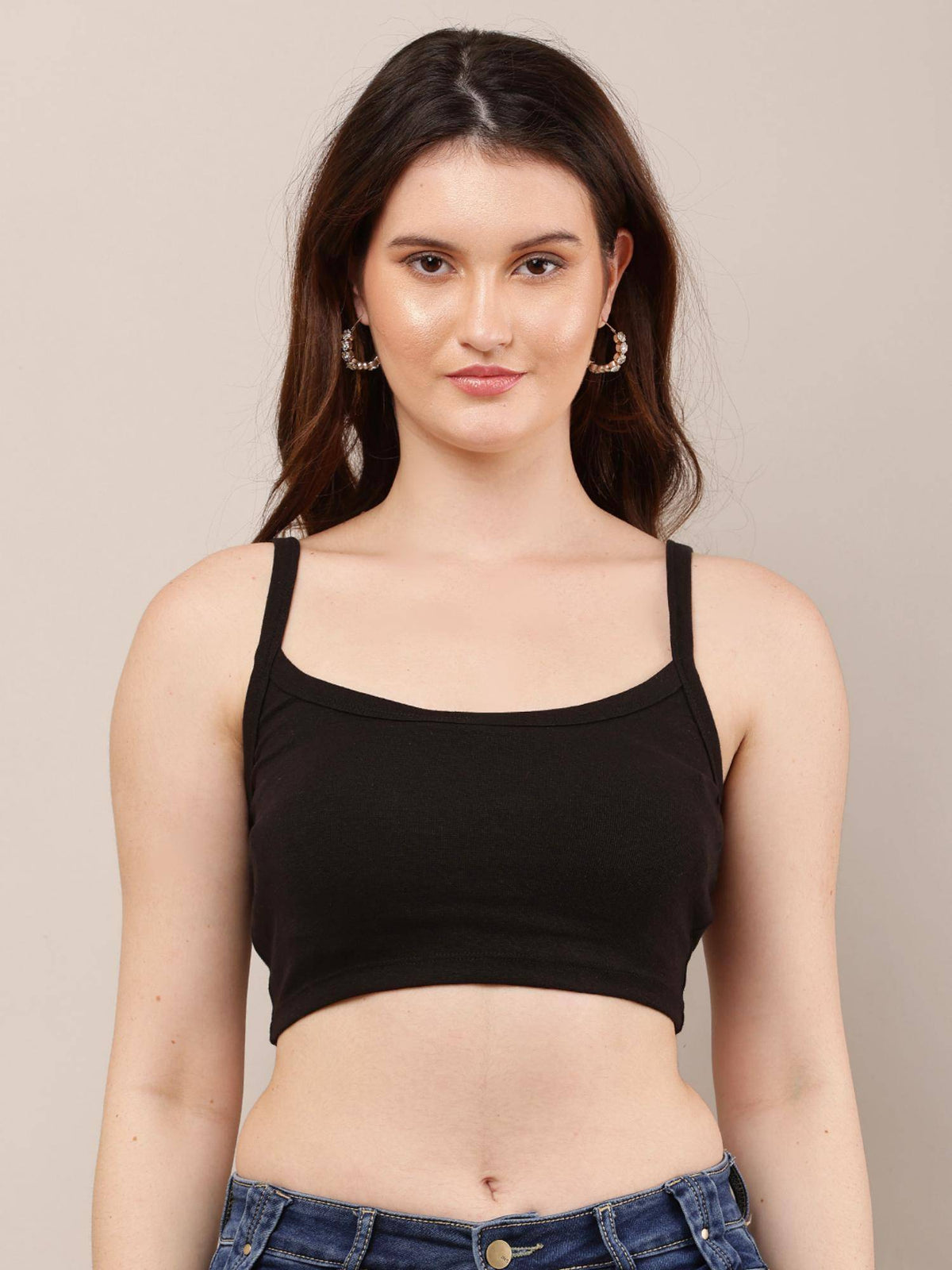 Womens Viscose Shoulder Straps with Sleeveless Black Crop Top - Black | CT61 - view 1