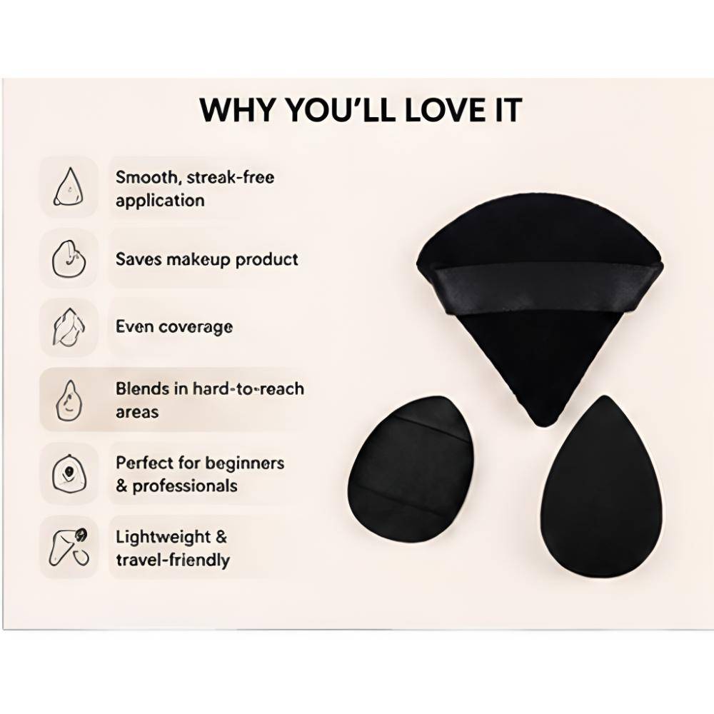 3-in-1 Black Makeup Blender Set Powder Puff, Mini Puff & Face Sponge - Mix Colour | T32 - view 3