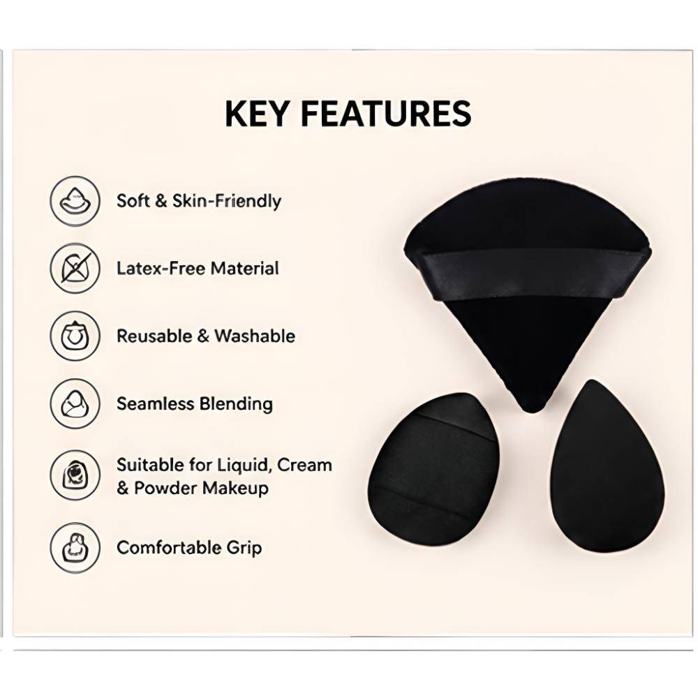 3-in-1 Black Makeup Blender Set Powder Puff, Mini Puff & Face Sponge - Mix Colour | T32 - view 4