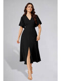 Womens Flutter Sleeves Black Pleated Midi Dress | D56 - view 1