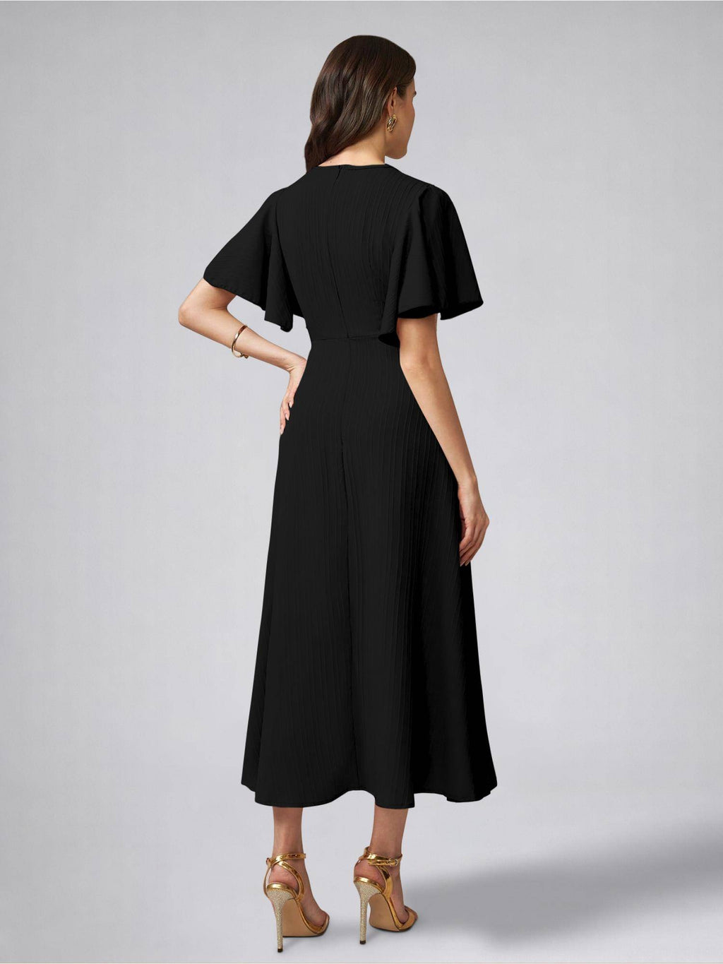 Womens Flutter Sleeves Indigo Blue Pleated Midi Dress | D56 - view 38