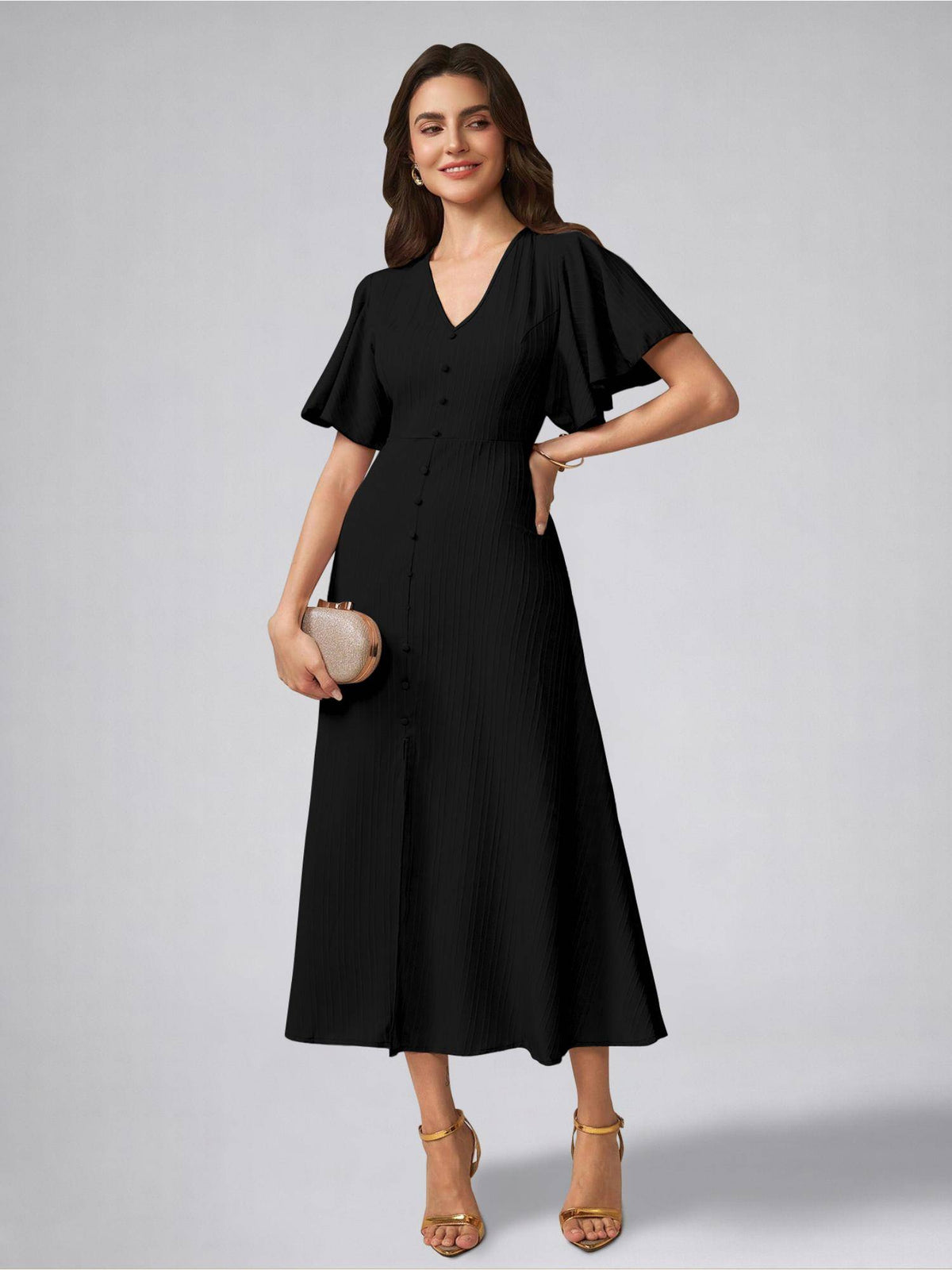 Womens Flutter Sleeves Beige Pleated Midi Dress | D56 - view 39