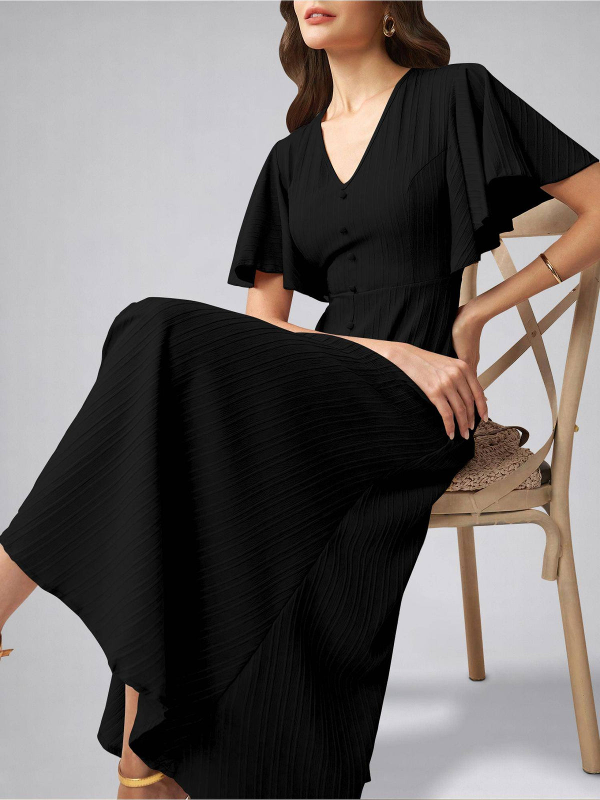 Womens Flutter Sleeves Indigo Blue Pleated Midi Dress | D56 - view 41