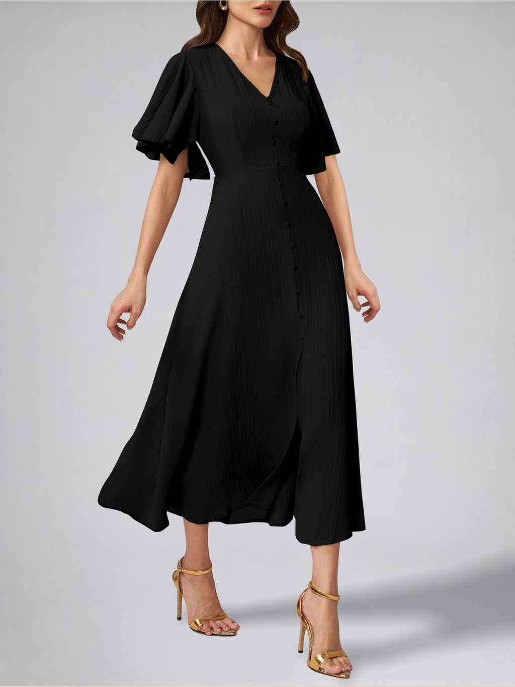 Womens Flutter Sleeves Black Pleated Midi Dress | D56 - view 6