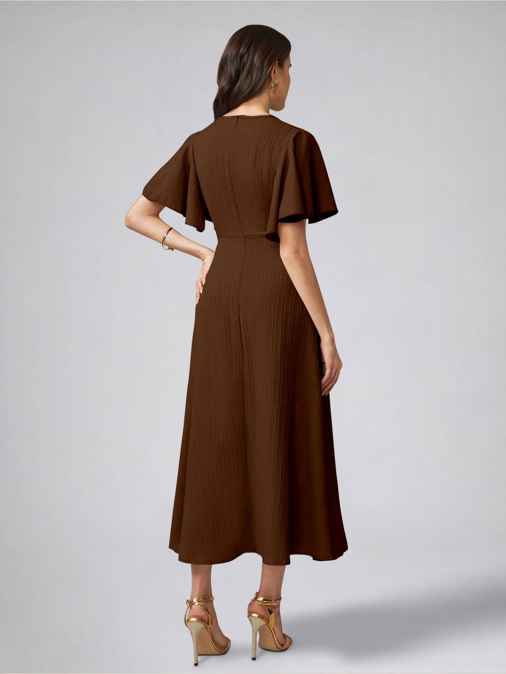 Womens Flutter Sleeves Black Pleated Midi Dress | D56 - view 14