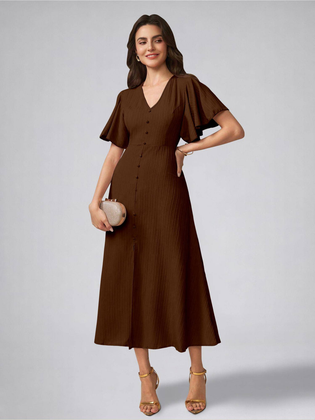 Womens Flutter Sleeves Black Pleated Midi Dress | D56 - view 15