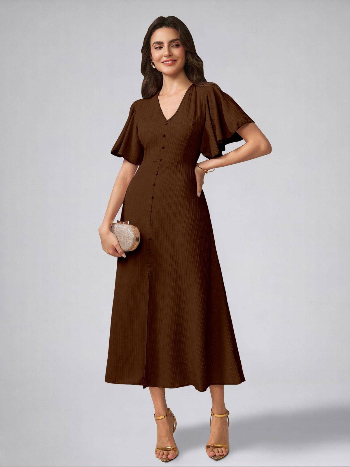 Womens Flutter Sleeves Black Pleated Midi Dress | D56 - view 15