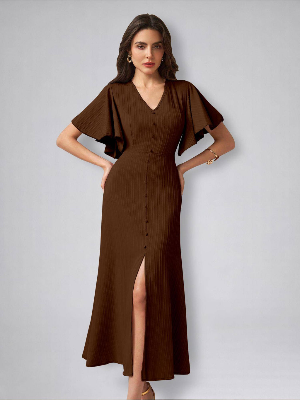 Womens Flutter Sleeves Black Pleated Midi Dress | D56 - view 16