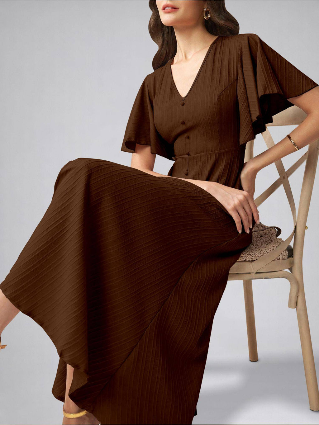 Womens Flutter Sleeves Black Pleated Midi Dress | D56 - view 17