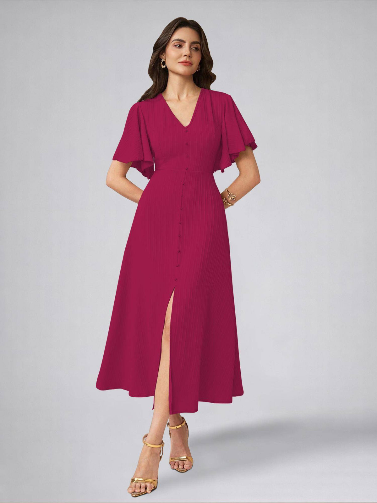 Womens Flutter Sleeves Peach Pleated Midi Dress | D56 - view 37