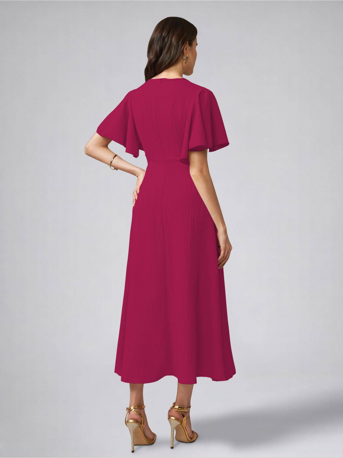 Womens Flutter Sleeves Hot Pink Pleated Midi Dress | D56 - view 2