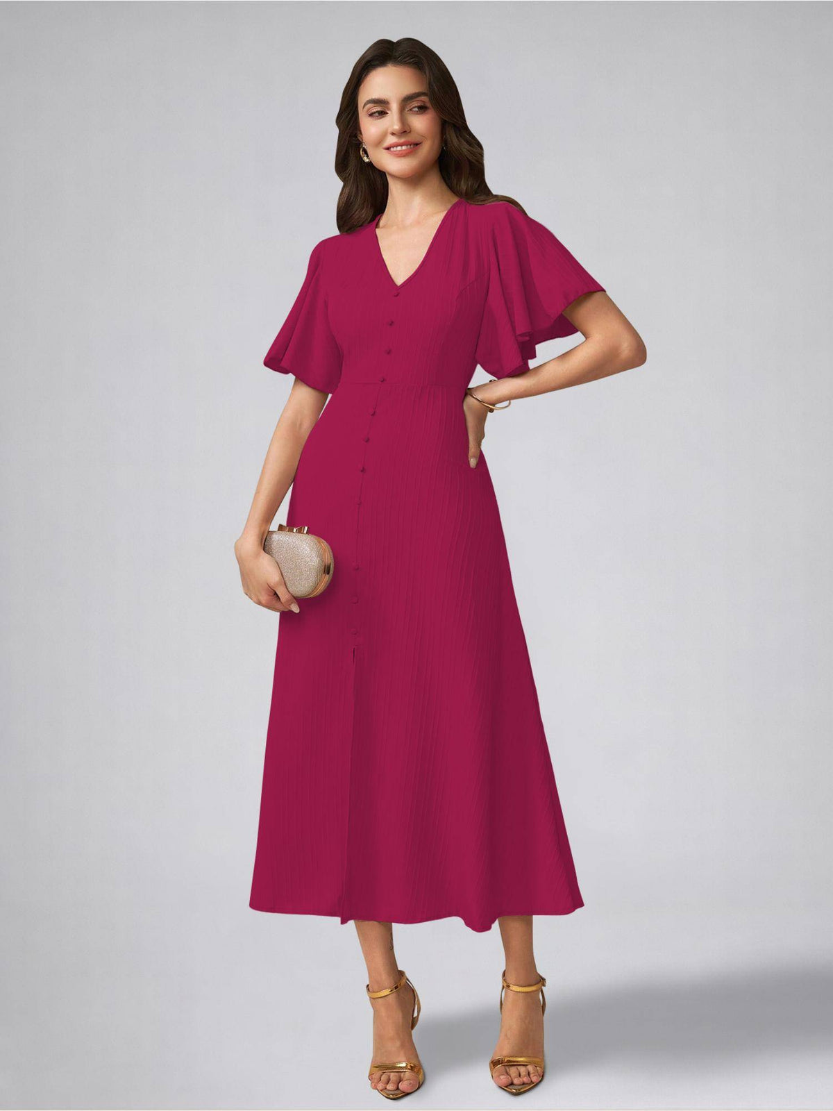 Womens Flutter Sleeves Hot Pink Pleated Midi Dress | D56 - view 3