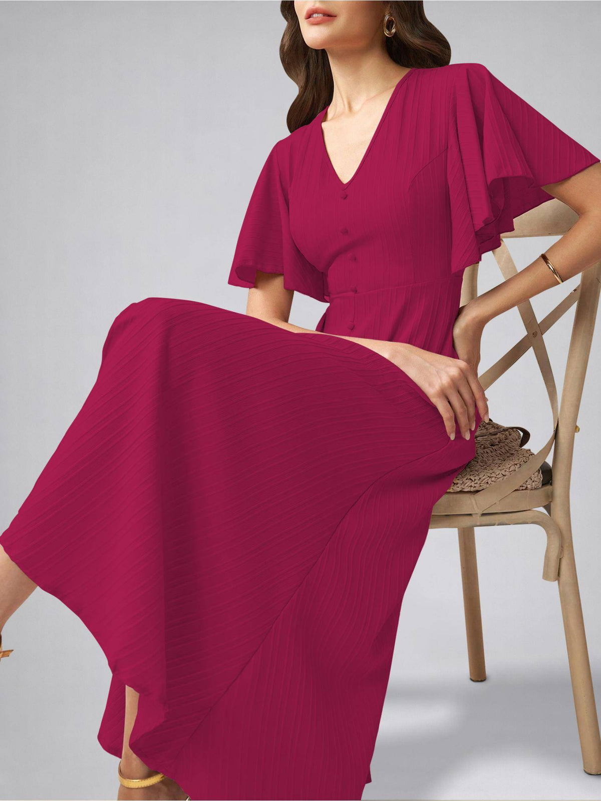 Womens Flutter Sleeves Hot Pink Pleated Midi Dress | D56 - view 5