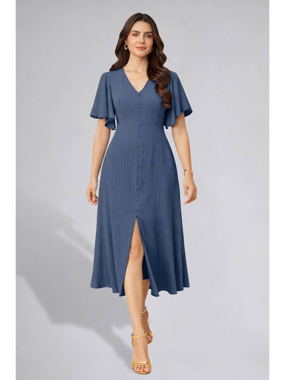 Womens Flutter Sleeves Beige Pleated Midi Dress | D56 - view 13