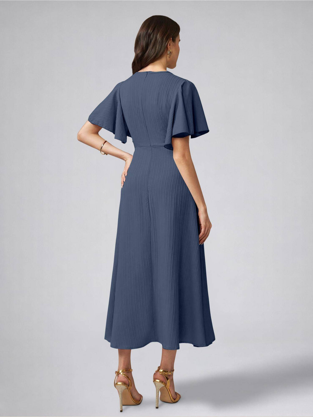 Womens Flutter Sleeves Indigo Blue Pleated Midi Dress | D56 - view 2