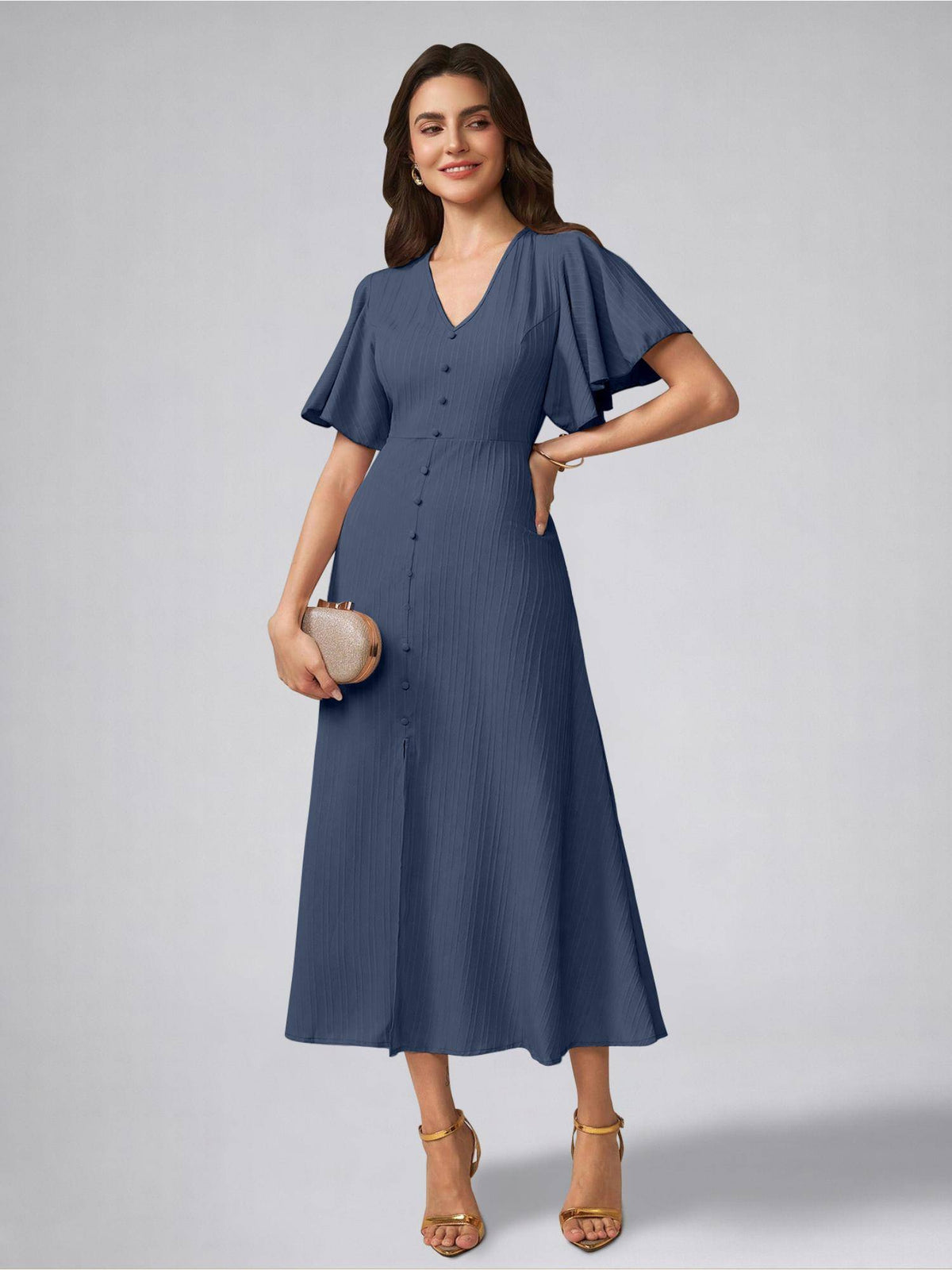 Womens Flutter Sleeves Indigo Blue Pleated Midi Dress | D56 - view 3