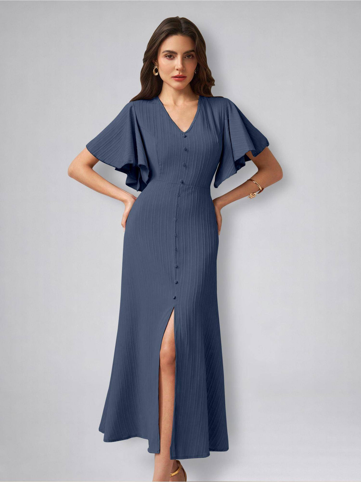 Womens Flutter Sleeves Indigo Blue Pleated Midi Dress | D56 - view 4