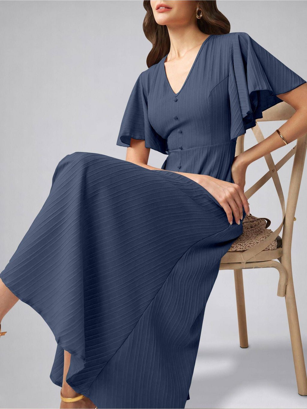 Womens Flutter Sleeves Indigo Blue Pleated Midi Dress | D56 - view 5